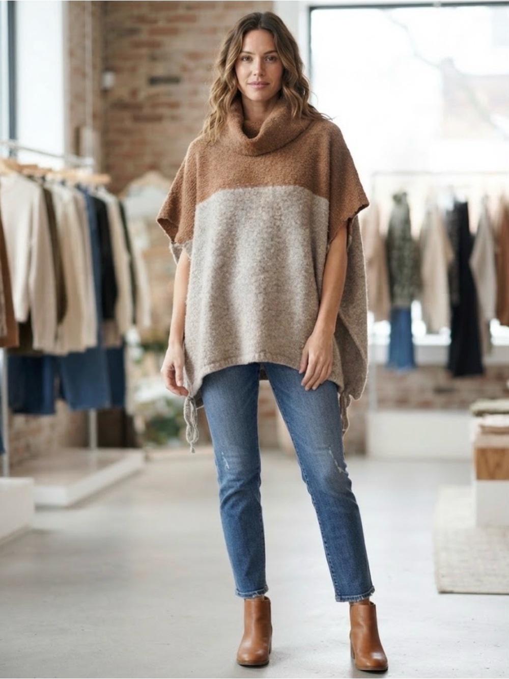 Fraas Two-Tone Cowl Neck Sweater Poncho - Camel & Oatmeal one size